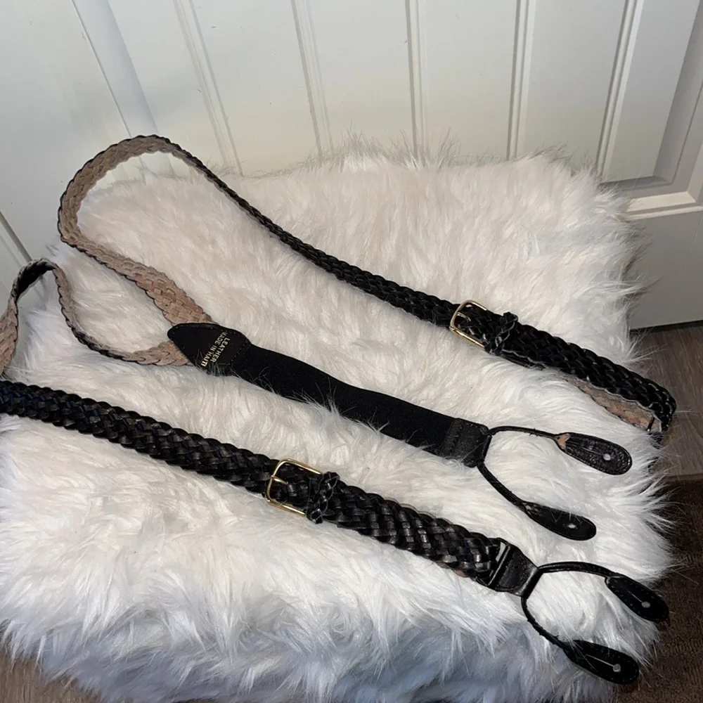Black braided leather suspenders made in Haiti gold tone hardware